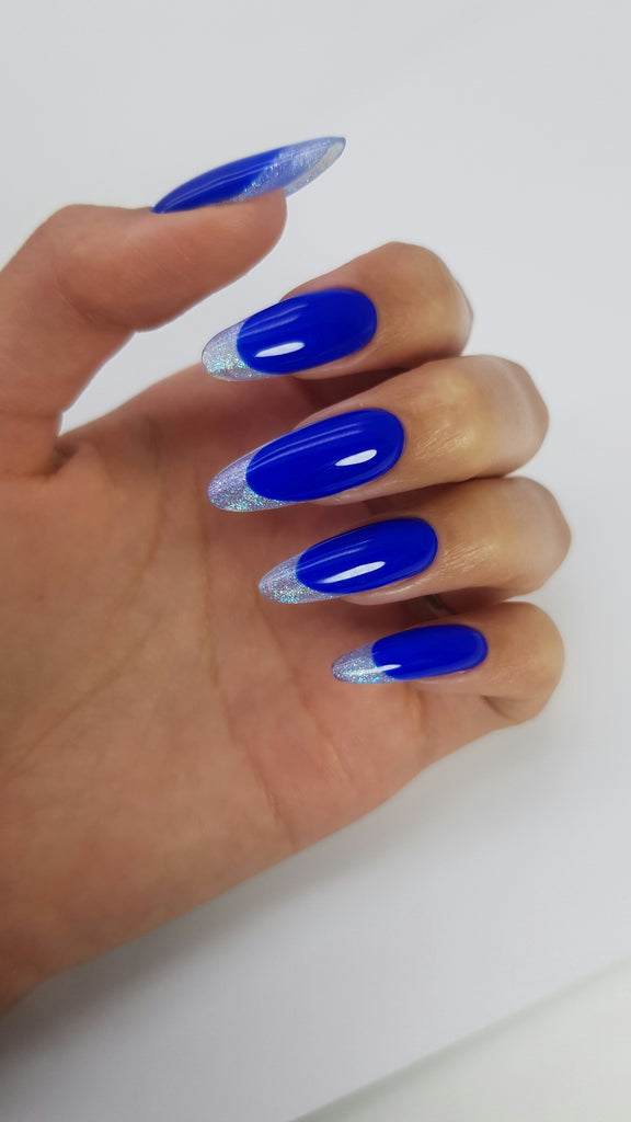 Blue almond-shaped nails with silver french tips