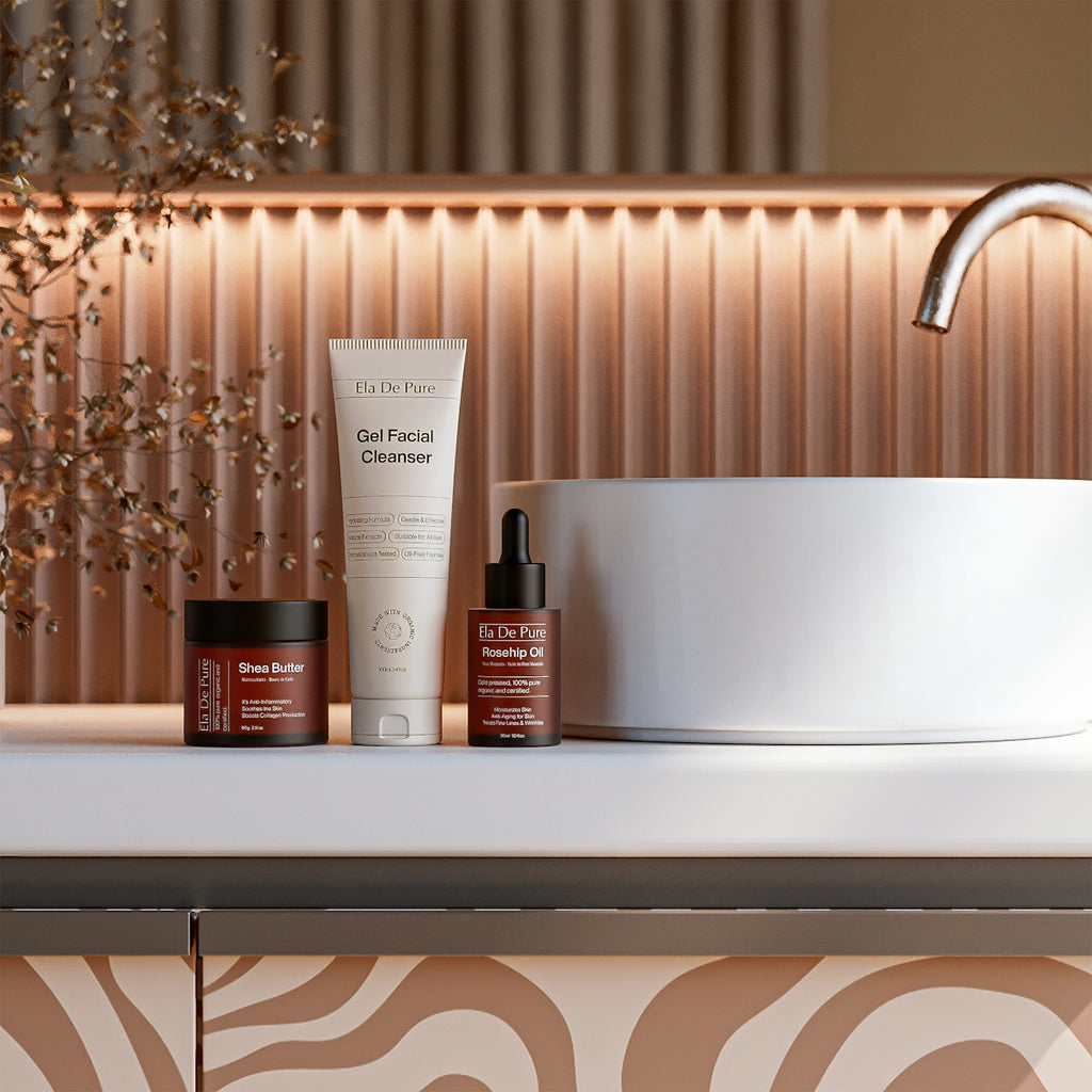 Skincare products arranged on a bathroom counter.