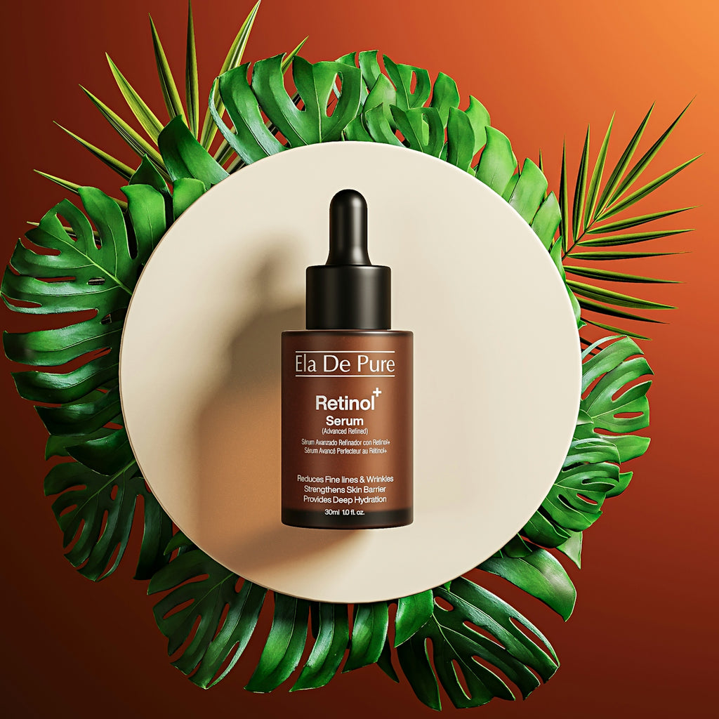 Retinol serum bottle surrounded by tropical leaves