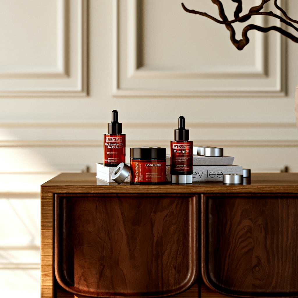 Skincare products displayed on a wooden dresser.