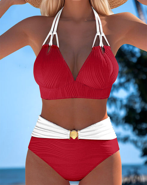 High Waisted Double Strap Swimsuit with Contrast Color