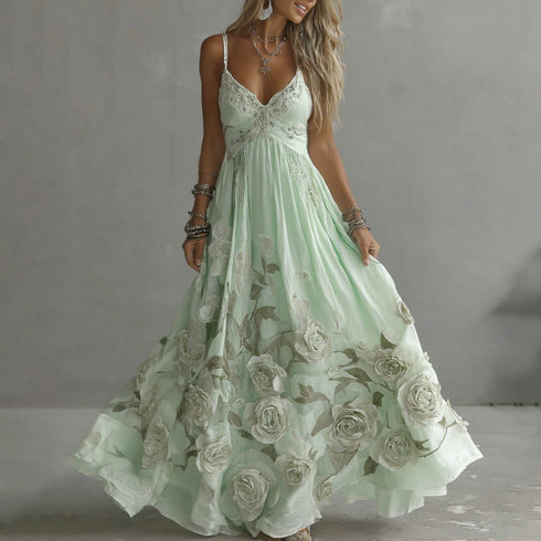 Adeluna | Long Dress with Vintage Rose and Embroidery