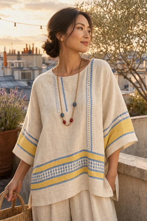 Jaxmere | Comfortable Blue-Yellow Mediterranean Top & Linen Pants