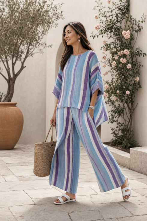 Faelith | Elegant Mauve Pastel Top & Striped Linen Pants