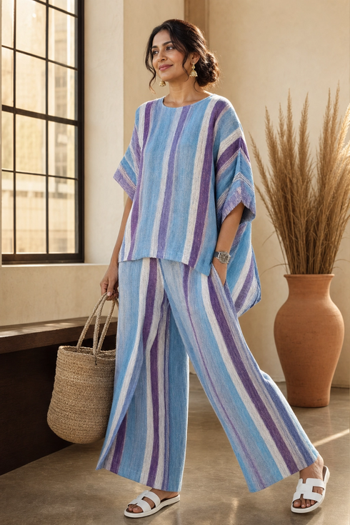Faelith | Elegant Mauve Pastel Top & Striped Linen Pants