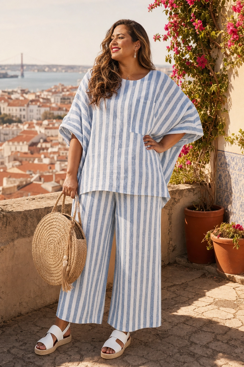 Rensleigh | Sophisticated Blue Striped Linen Top & Relaxed Pants