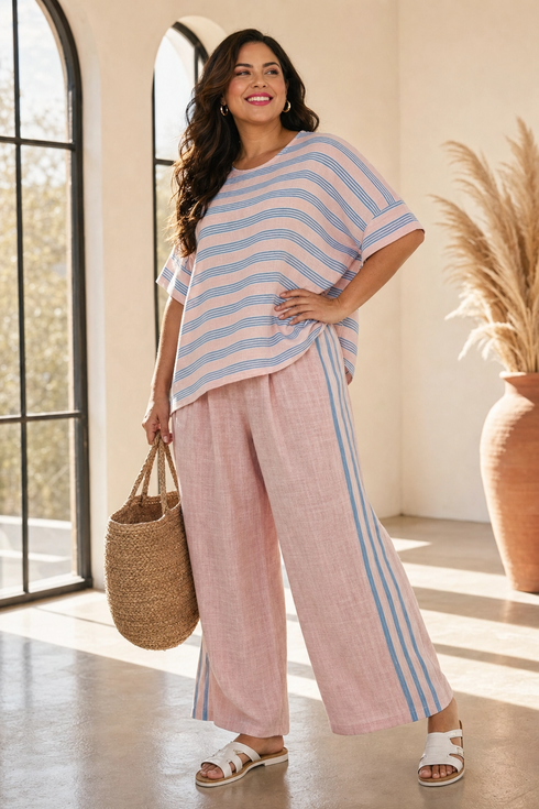 Virella | Elegant Pink-Blue Linen Blouse & Soft Pants