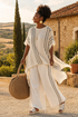 Greysen | Elegant Ivory Linen Blouse & Black Striped Pants