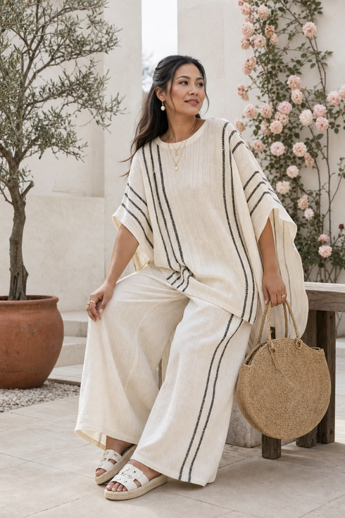 Greysen | Elegant Ivory Linen Blouse & Black Striped Pants