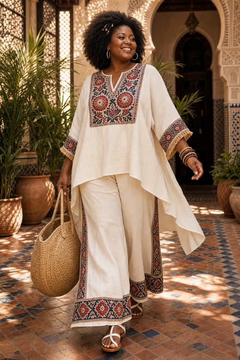 Tameric | Sophisticated Embroidered Raw Blouse & Wide Pants