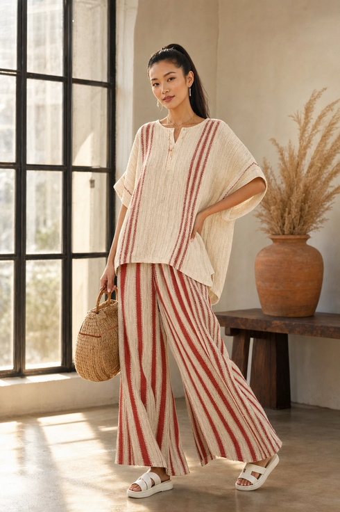 Mirella | Sophisticated Textured Red-Stripe Top & Linen Pants