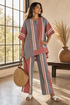 Bravine | Elegant Coral-Gray Linen Top & Wide-Leg Pants