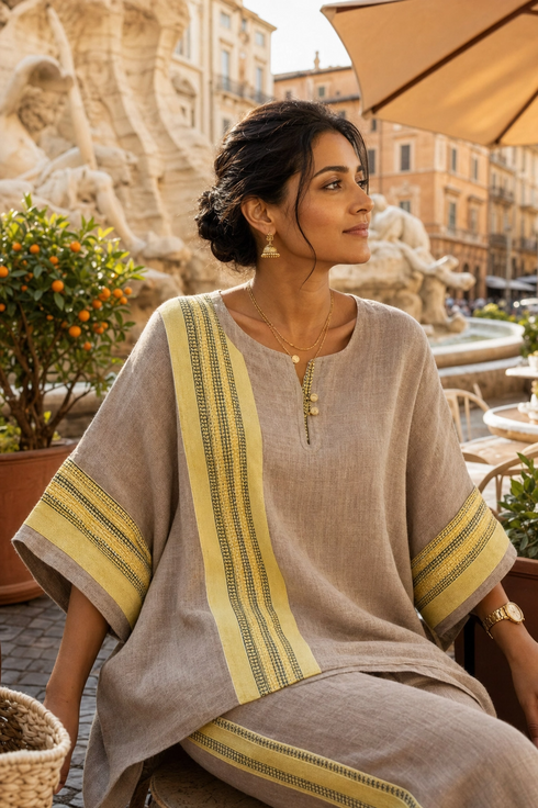 Elowric | Elegant Lavender Top & Mustard Striped Pants