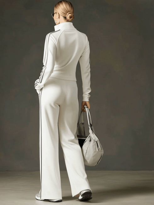 Sporty Retro Striped Webbing White Long Sleeve Sweatshirt And Wide Leg Pants Set