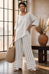 Talvora | Elegant Asymmetrical Blouse & Striped Pants