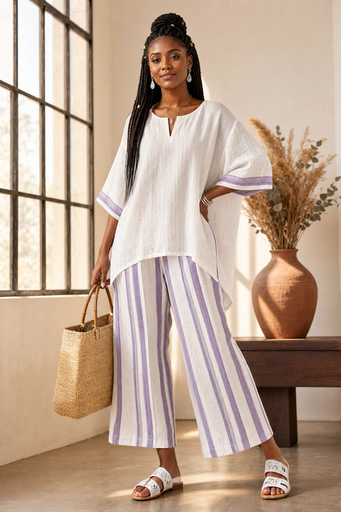 Luxmere | Comfortable Relaxed Blouse & Striped Bamboo Pants