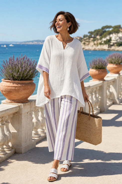 Luxmere | Comfortable Relaxed Blouse & Striped Bamboo Pants