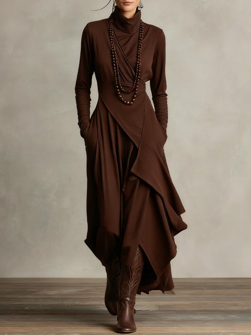 Purple High-neck Asymmetrical Pleated Maxi Dress
