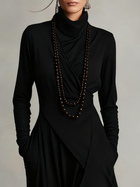 Purple High-neck Asymmetrical Pleated Maxi Dress