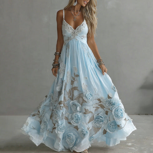 Adeluna | Long Dress with Vintage Rose and Embroidery