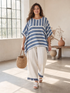 Corvielle | Sophisticated Blue Striped Top & Hem-Detailed Pants