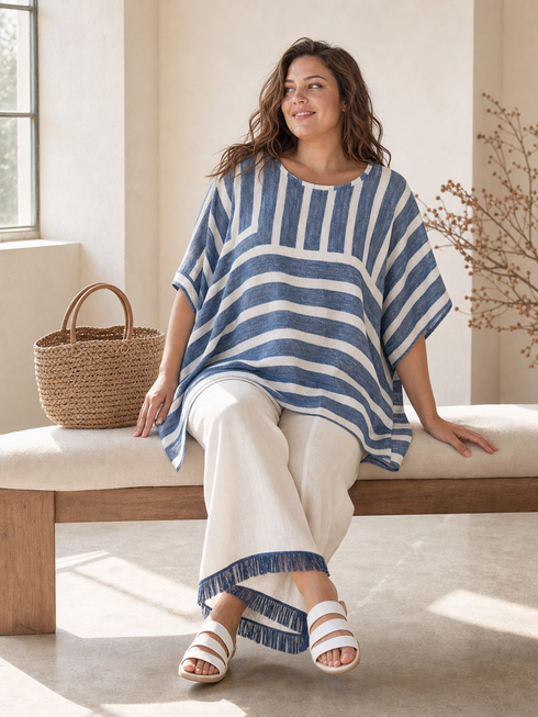 Corvielle | Sophisticated Blue Striped Top & Hem-Detailed Pants