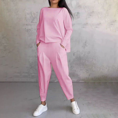 Mode Leisure Long Sleeve with Round Neck & Pants 2-Piece Set