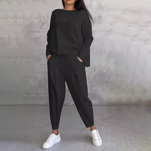 Mode Leisure Long Sleeve with Round Neck & Pants 2-Piece Set