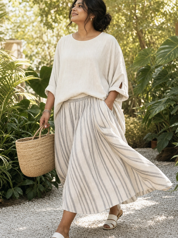 Aurcyn | Comfortable Loose Blouse & Striped Midi Skirt
