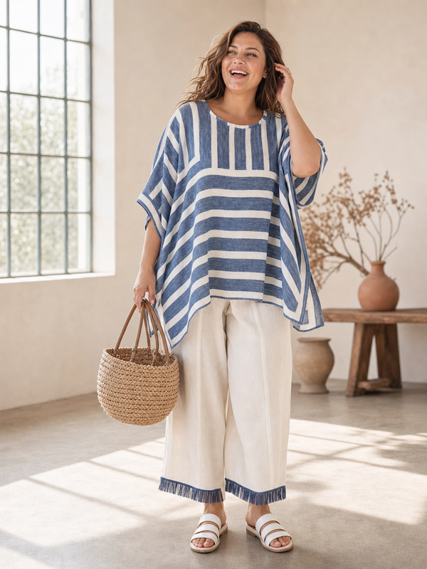 Corvielle | Sophisticated Blue Striped Top & Hem-Detailed Pants